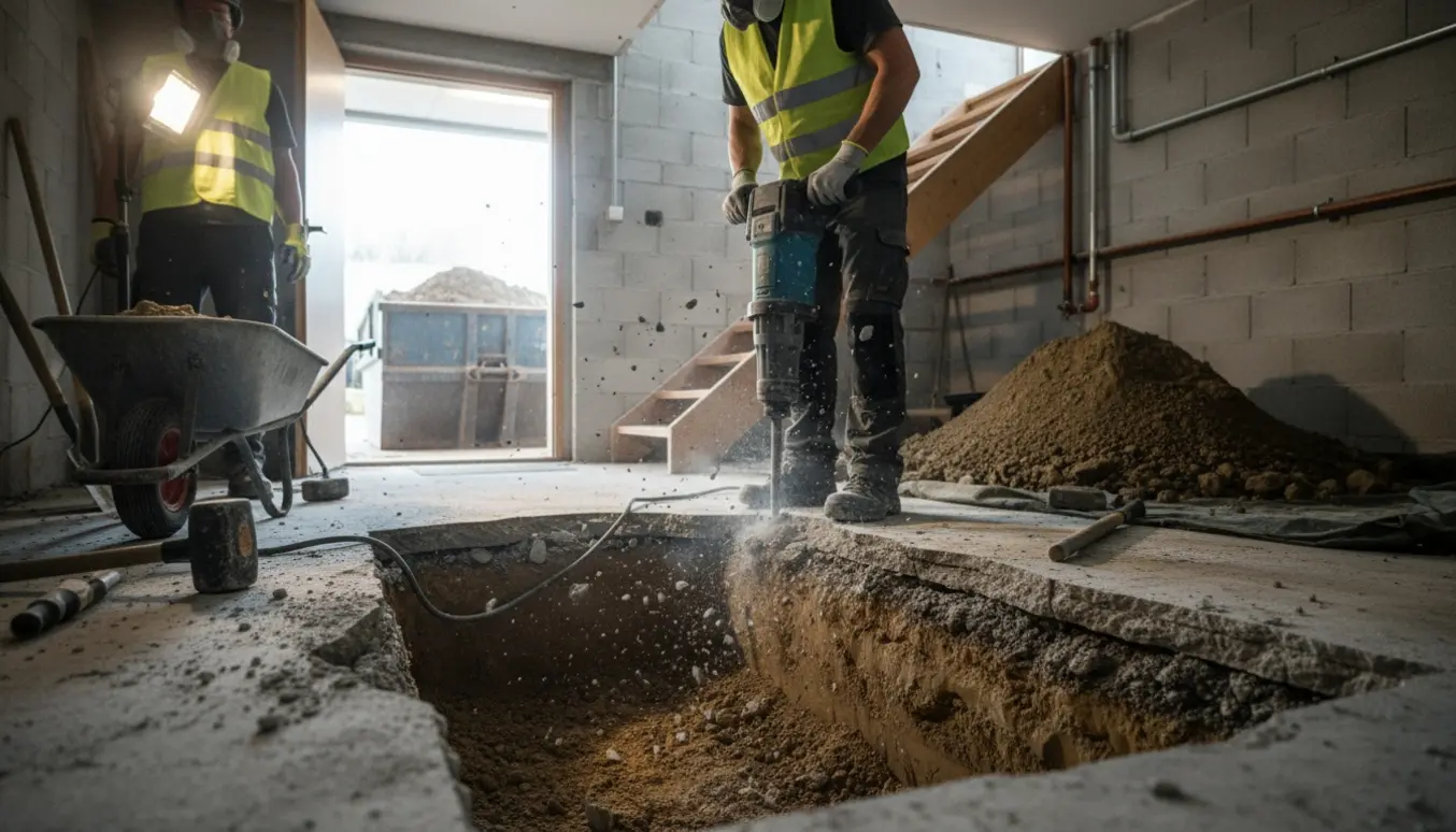 Kælder med brudt betongulv og udgravet 55 cm, bunker af jord og beton klar til bortskafning.