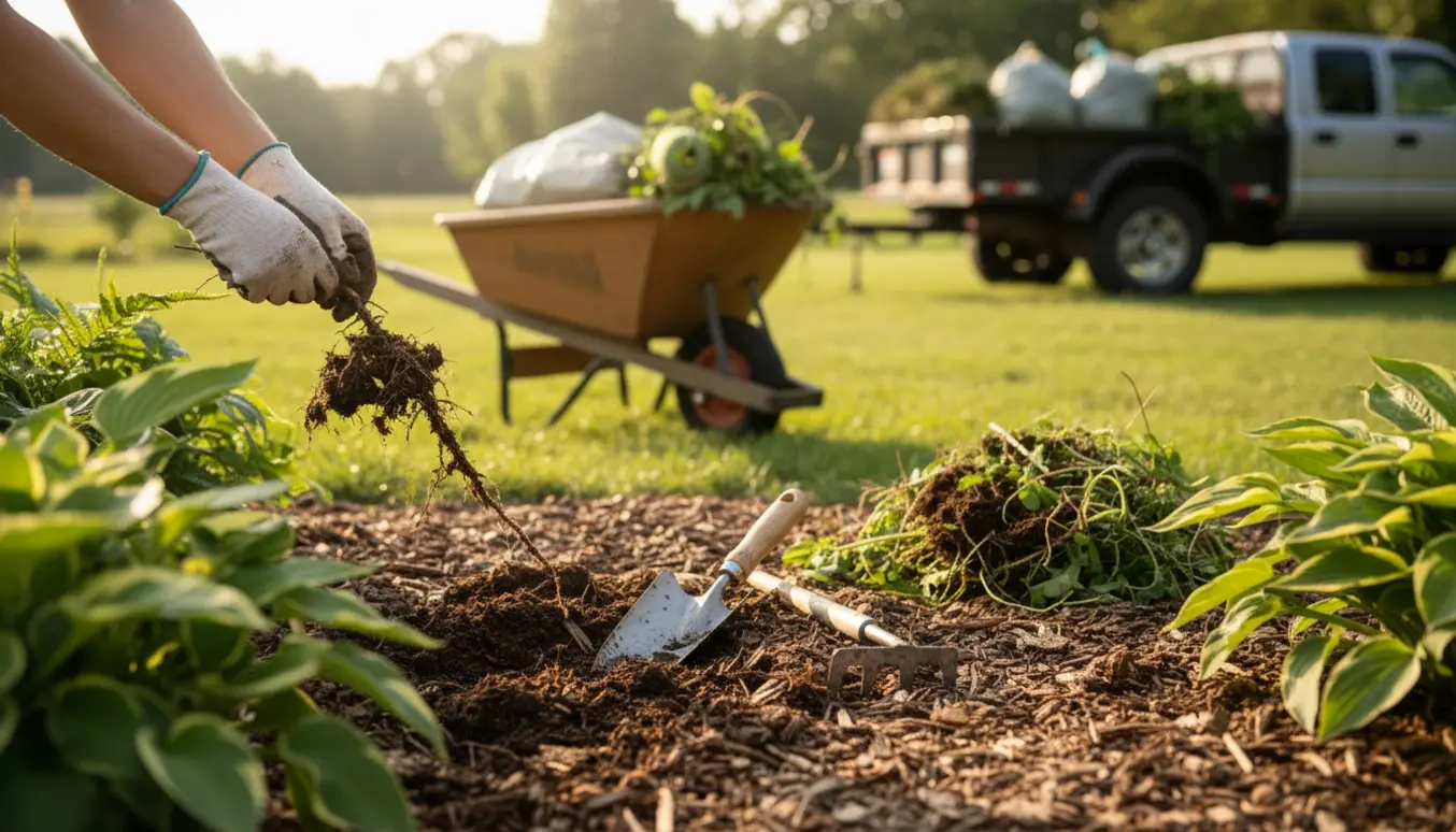 Nærbillede af handskerede hænder, der trækker ukrudt op af et havebed med redskaber og en trailer med haveaffald i baggrunden.