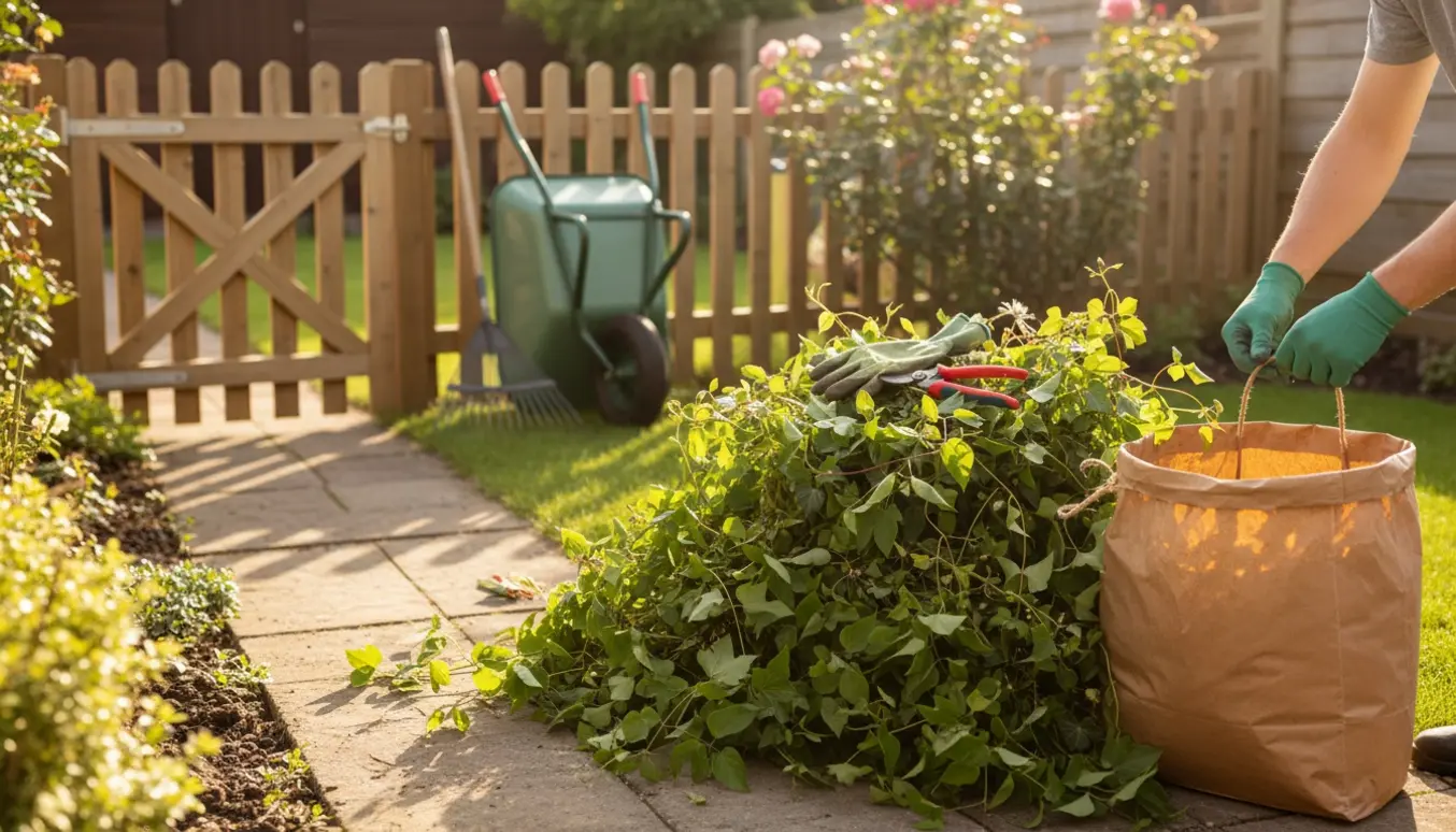 Papirsæk med klematis, efeu og blandet haveafklip samlet ved forhavens låge klar til afhentning.