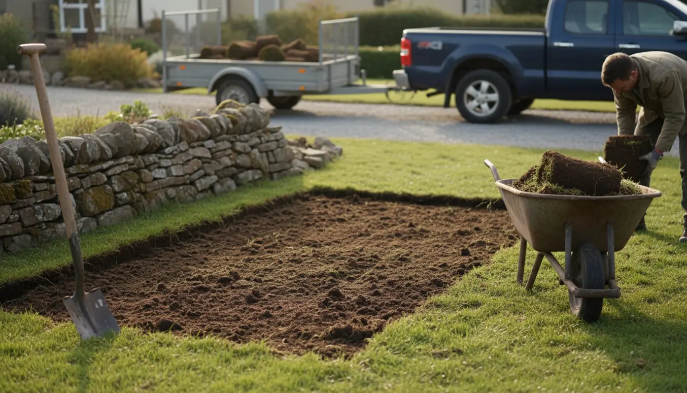 Opgravet græs ved et stendige med spade, trillebør og trailer klar til bortkørsel.