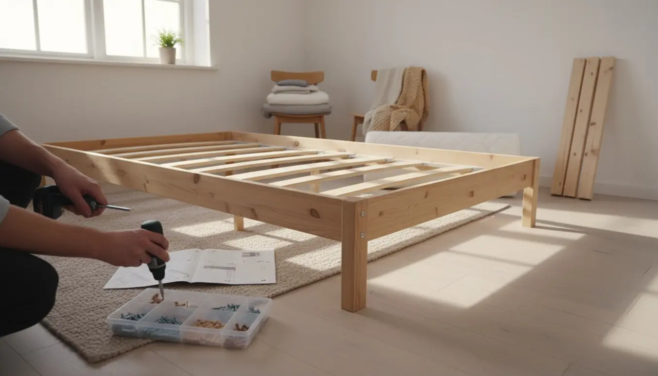 Delvist samlet Hemnes sengestel i lyst skandinavisk soveværelse med værktøj og hænder i arbejde.