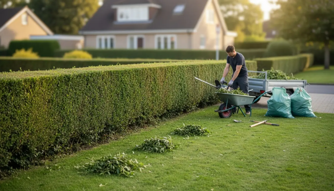 Nyklippet lang hæk med glaseret top, haveredskaber og trillebør klar til bortkørsel.