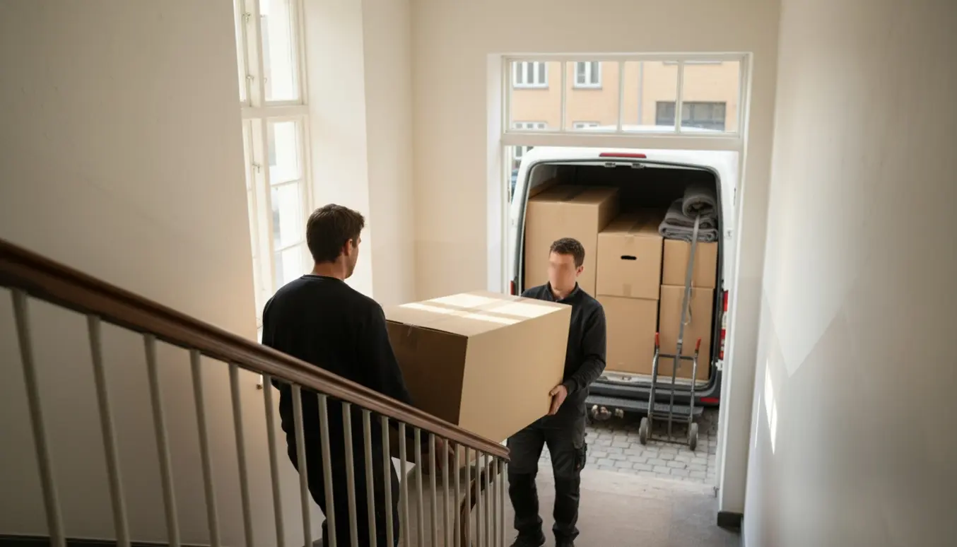 To personer bærer en fladpakket sofa op ad trappen fra en varebil til en lejlighed på Frederiksberg.