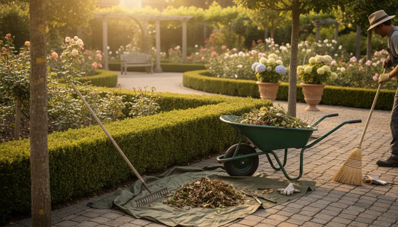 Nyklippet hæk og ryddet gårdsplads med trillebør, rive og bunker af haveaffald.