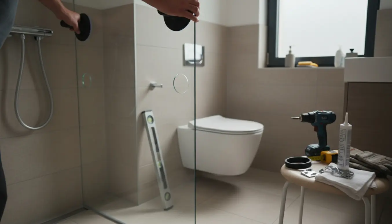 Glarmester monterer en høj, smal brusevæg med to små runde udskæringer til rør i et lyst flisebadeværelse.