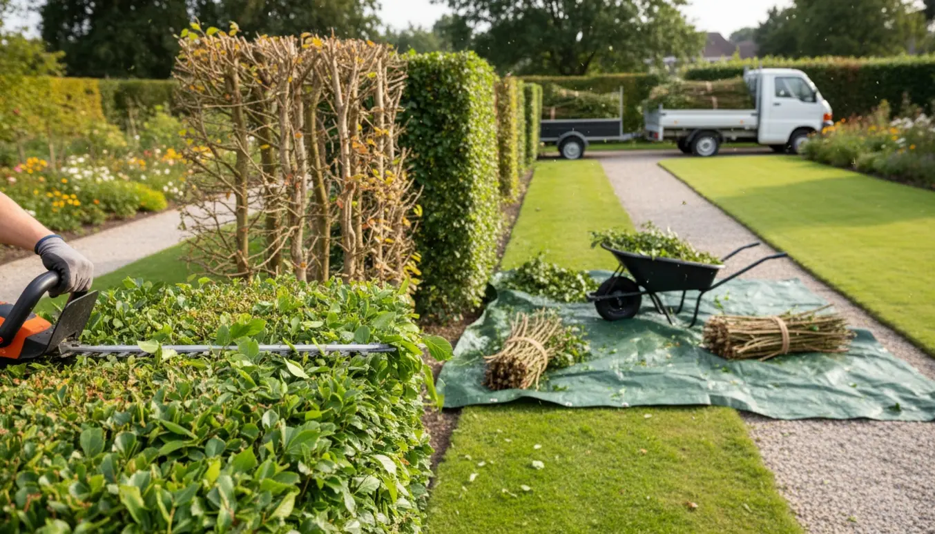 Bøgehække og leguster bliver klippet, afklip samles i trillebør og trailer i en solrig have.