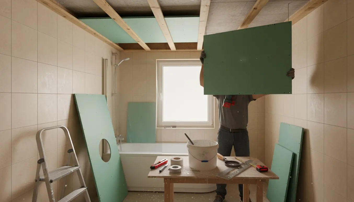 Nedsænket loft under opsætning i et lille badeværelse med træbjælker, vådrumsgips og værktøj.