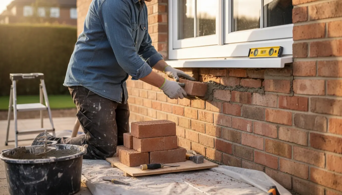 En murer lægger nye mursten med mørtel under et nyt vindue.
