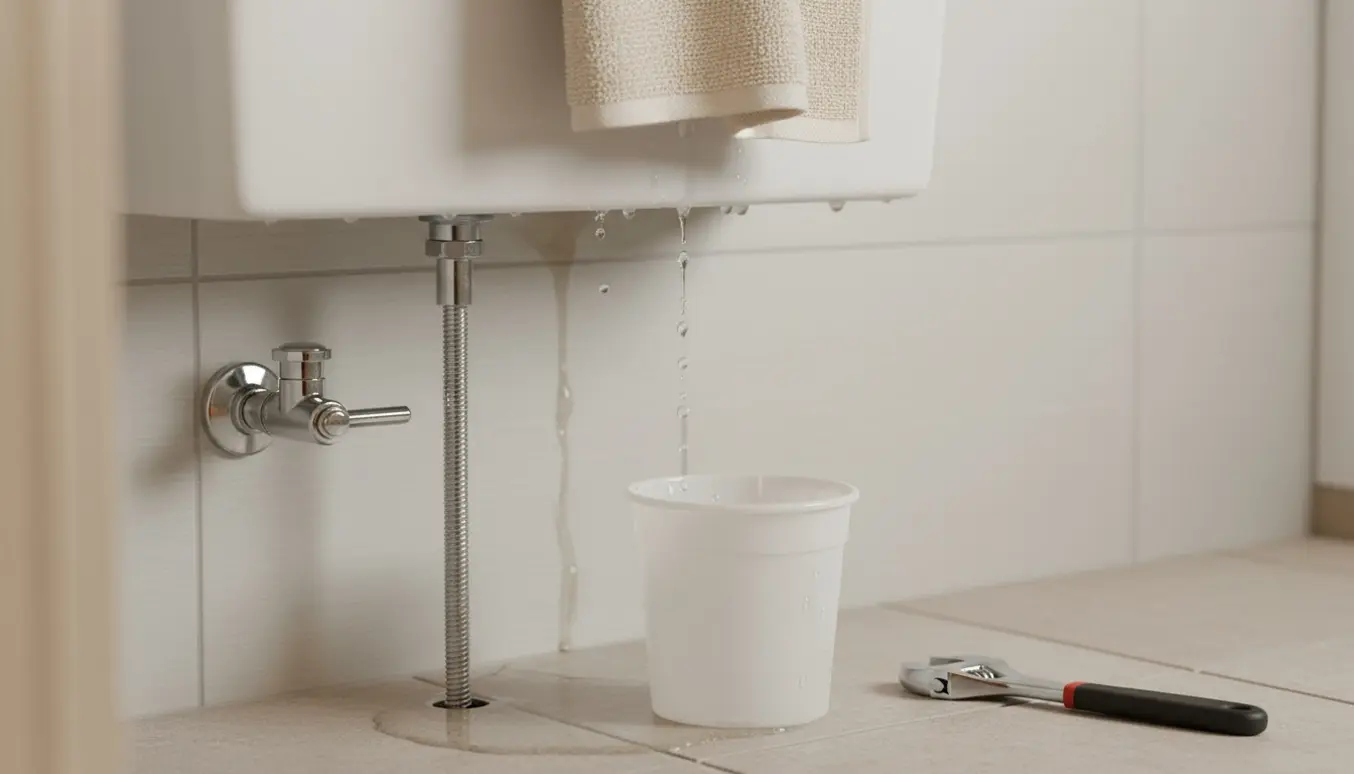 Bagsiden af et toilet med vanddråber, en lukket afspærringsventil og en spand til at opsamle dryp.