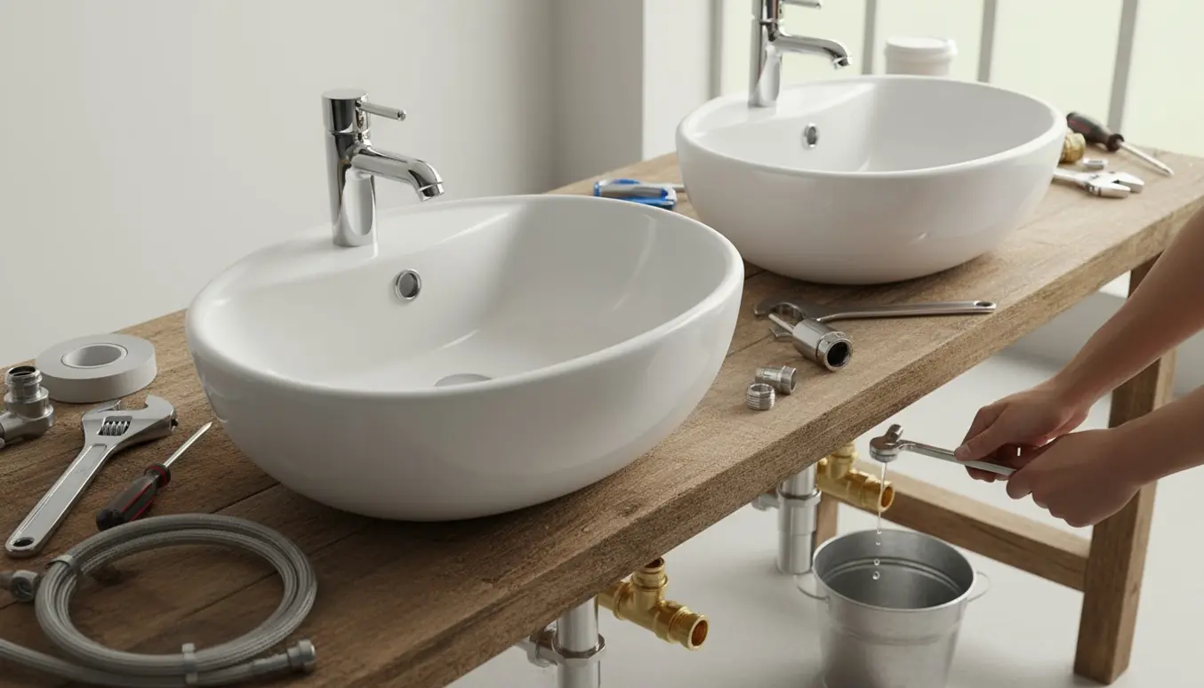 To hvide porcelænshåndvaske med overløb og nye kromarmaturer på et træbord under udskiftning, med værktøj og lukkekraner synlige.