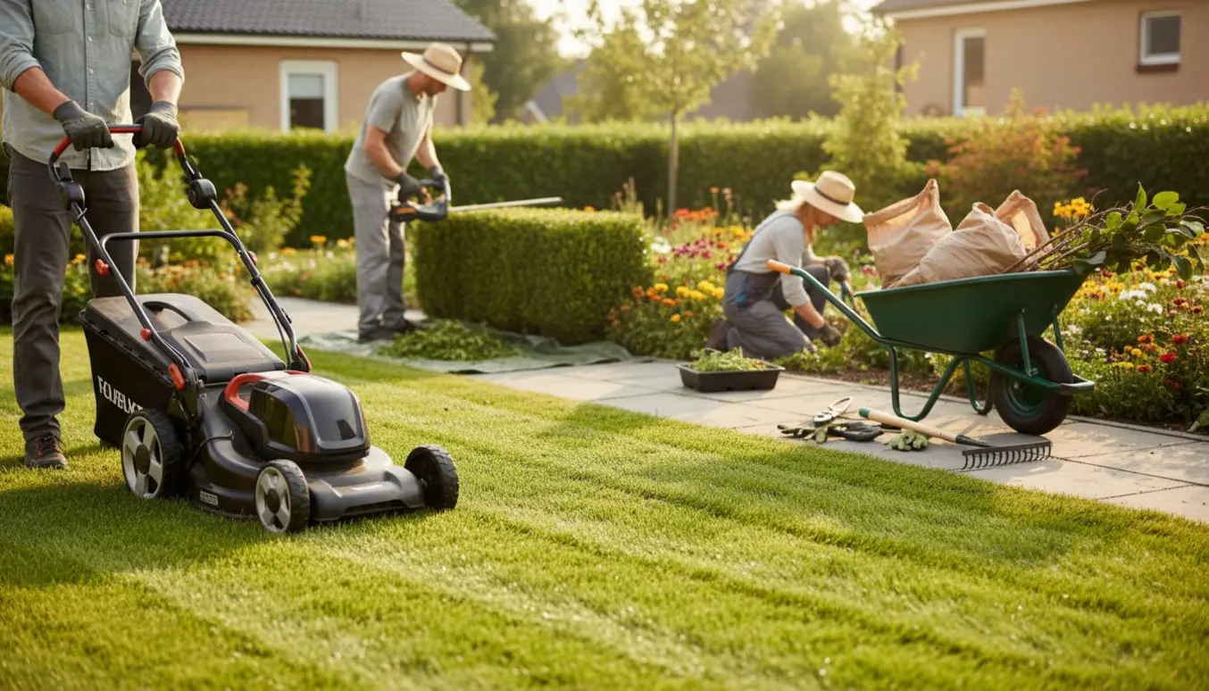 Havearbejde med græsklipning, hækkeklipning, ukrudtsfjernelse og beskæring i en solbelyst privat have.