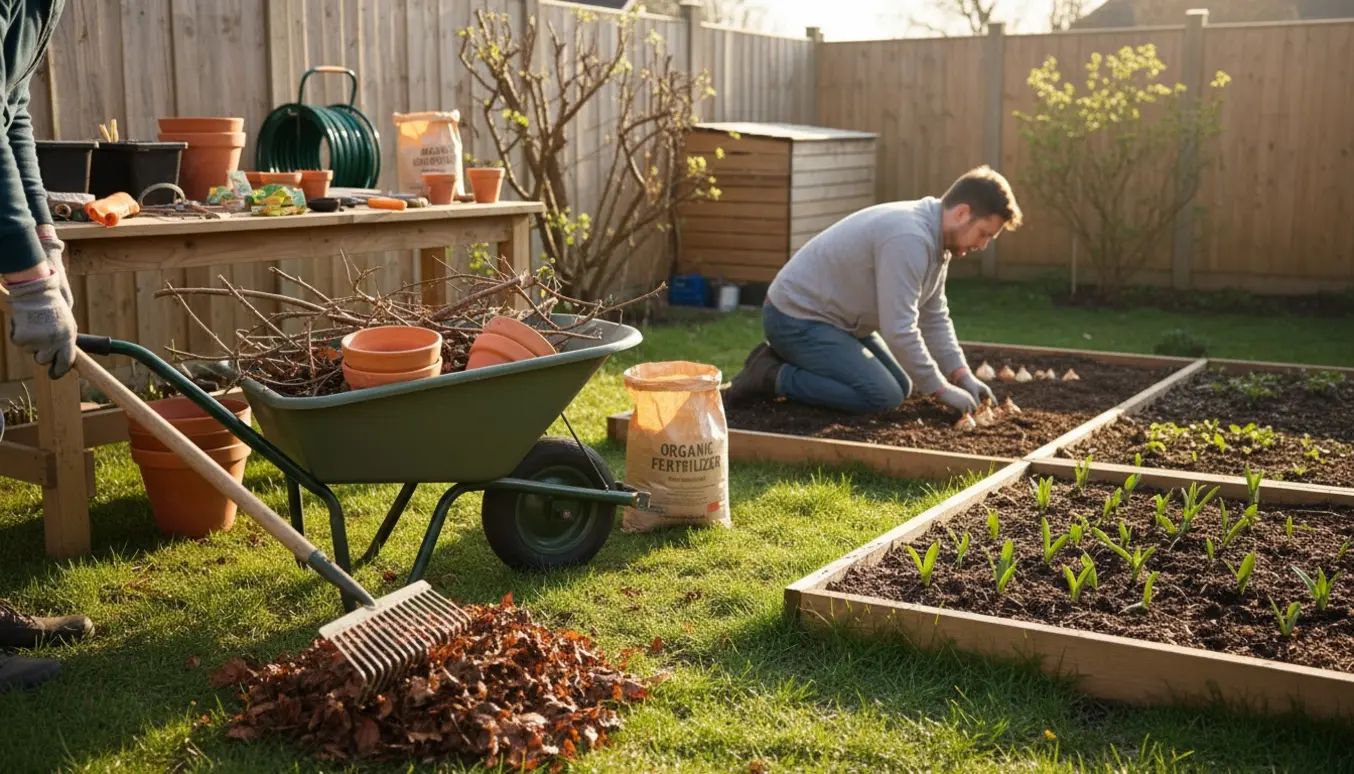Klargøring af haven efter vinteren med rive, trillebør og handske‑klædte hænder, der planter forårsløg.