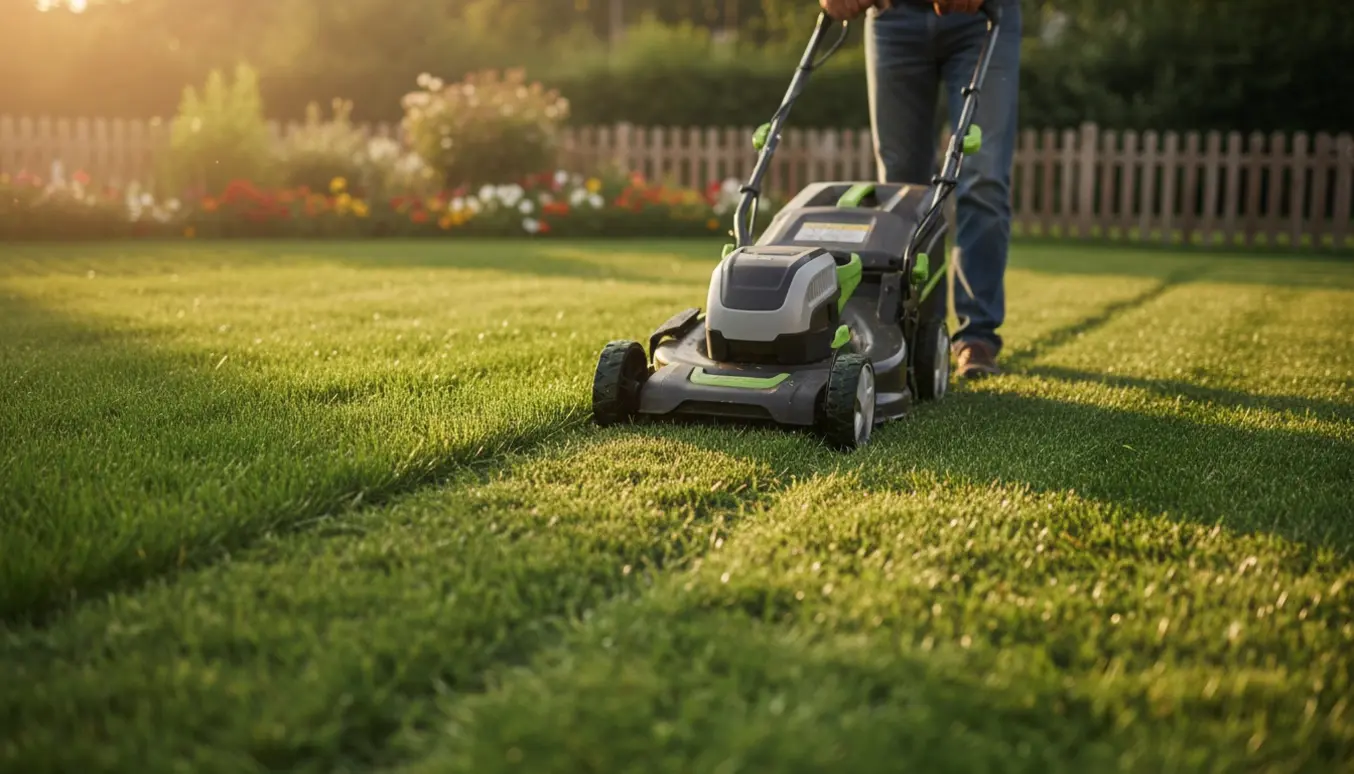 En person slår græs med en moderne batteridrevet plæneklipper på en velplejet forstadsgræsplæne.