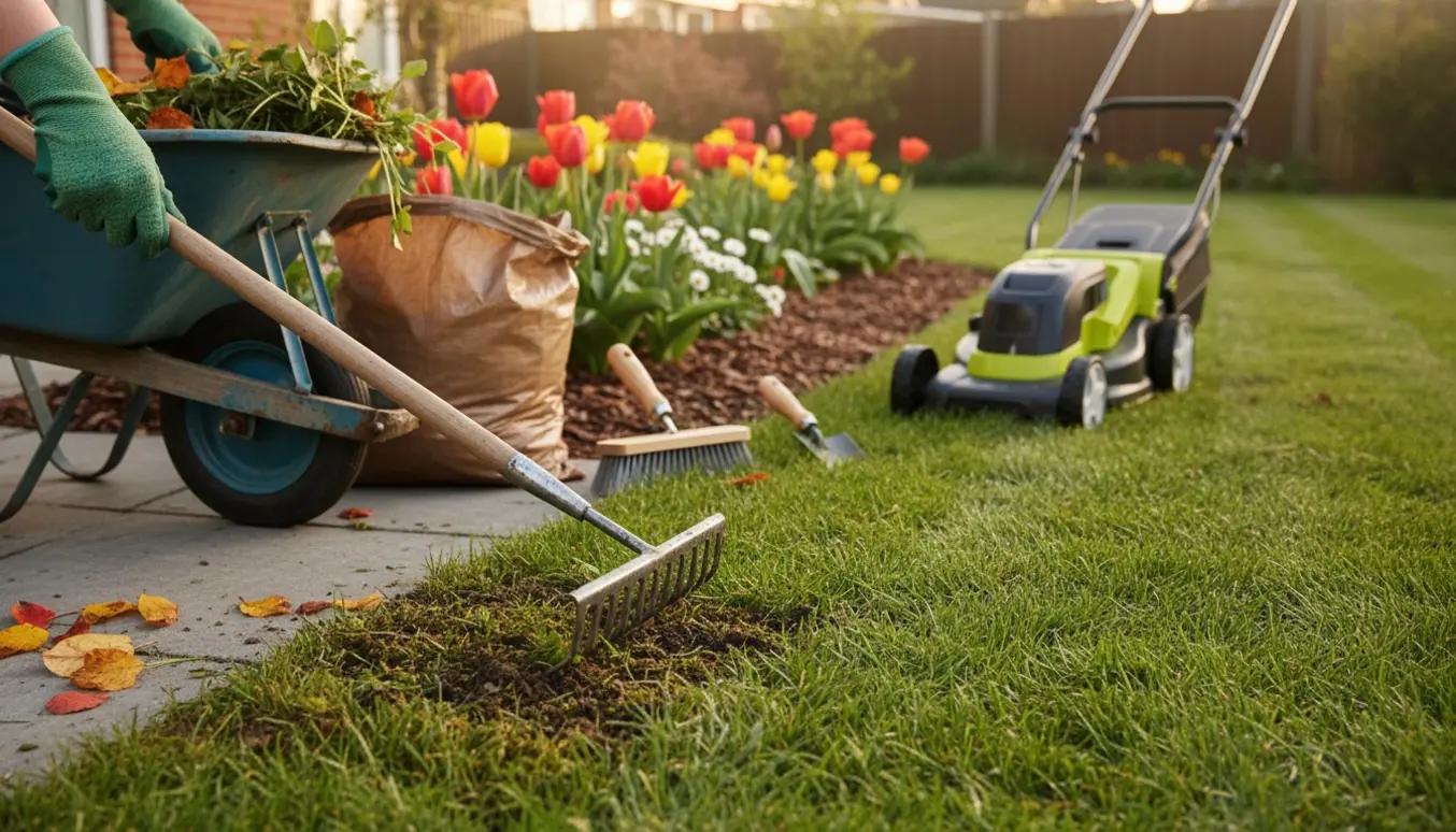 Havearbejde med rive, plæneklipper og trillebør fyldt med ukrudt og græs i blødt morgenlys.