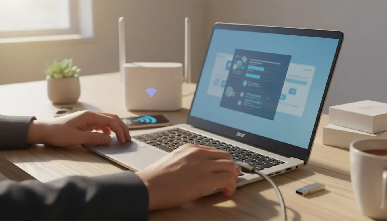 Hænder tilslutter internet og installerer programmer på en Acer-bærbar ved et ryddeligt skrivebord.