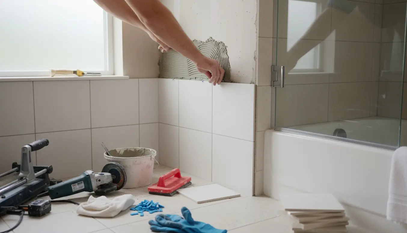 Hænder tilpasser og sætter nye fliser i en brusekabine med en glasdør og værktøj omkring.