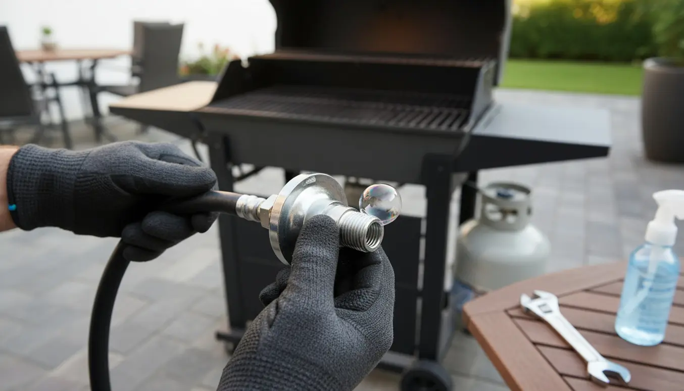 Hænder inspicerer en afmonteret gasregulator og slange ved siden af en gasgrill på terrassen.