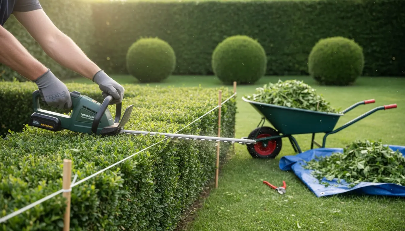 Hækkeklipper og redskaber ved en nypudset hæk og beskårne buske i en solbeskinnet have.
