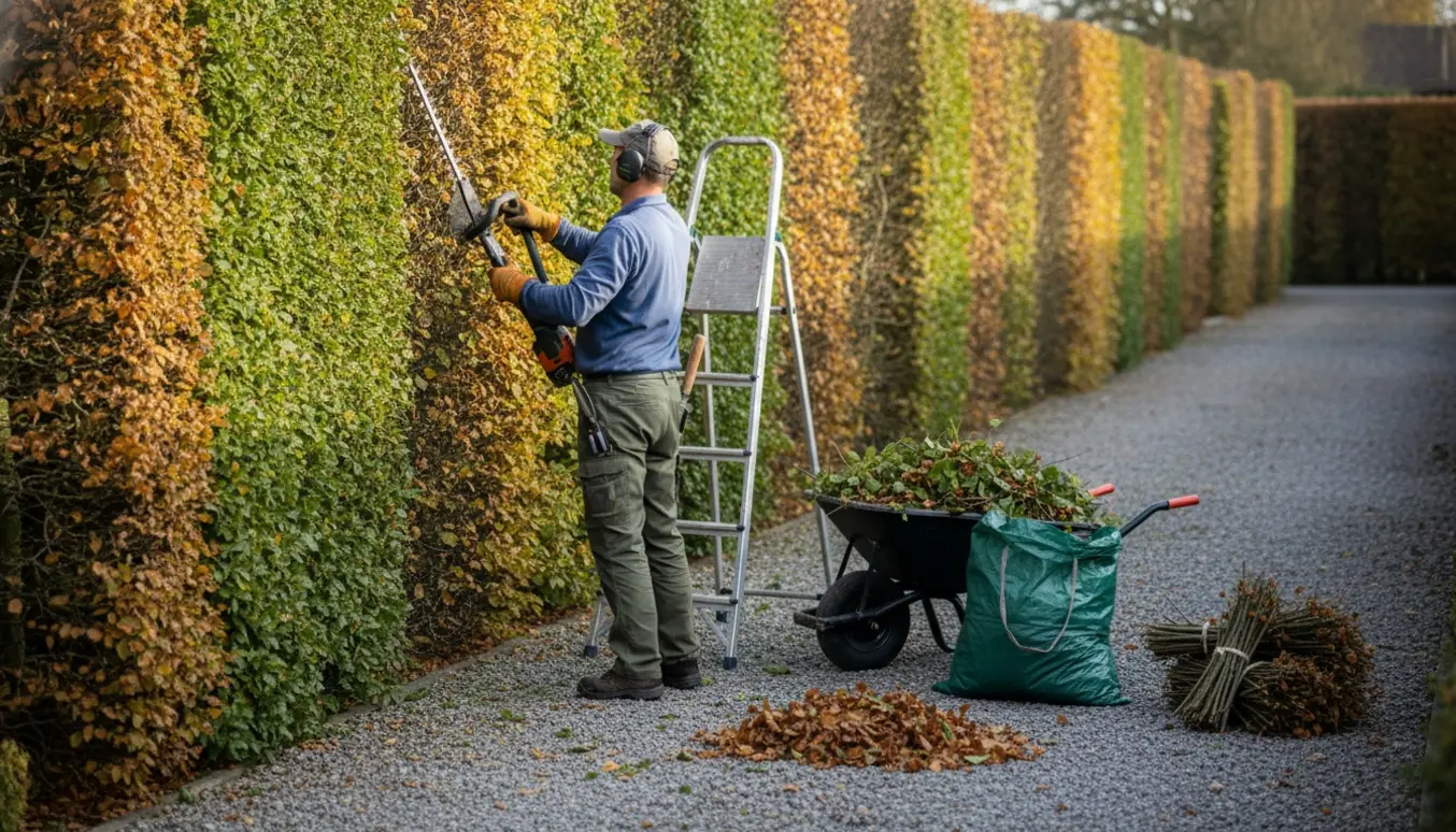 Person trimmer en bøgehæk i forhaven, og klippeaffald samles i trillebør.