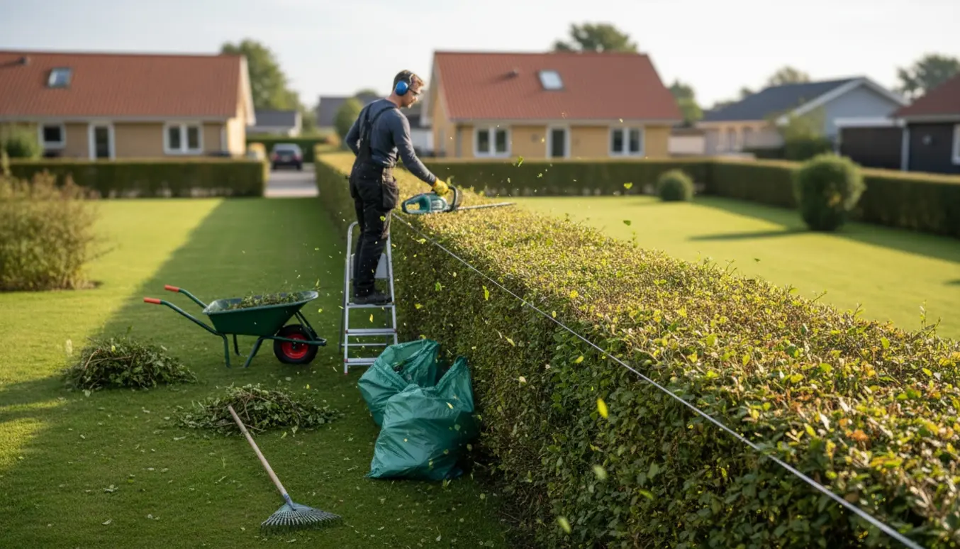 Professionel hækklipning i en dansk villahave med trimmer, trillebør og afklip.
