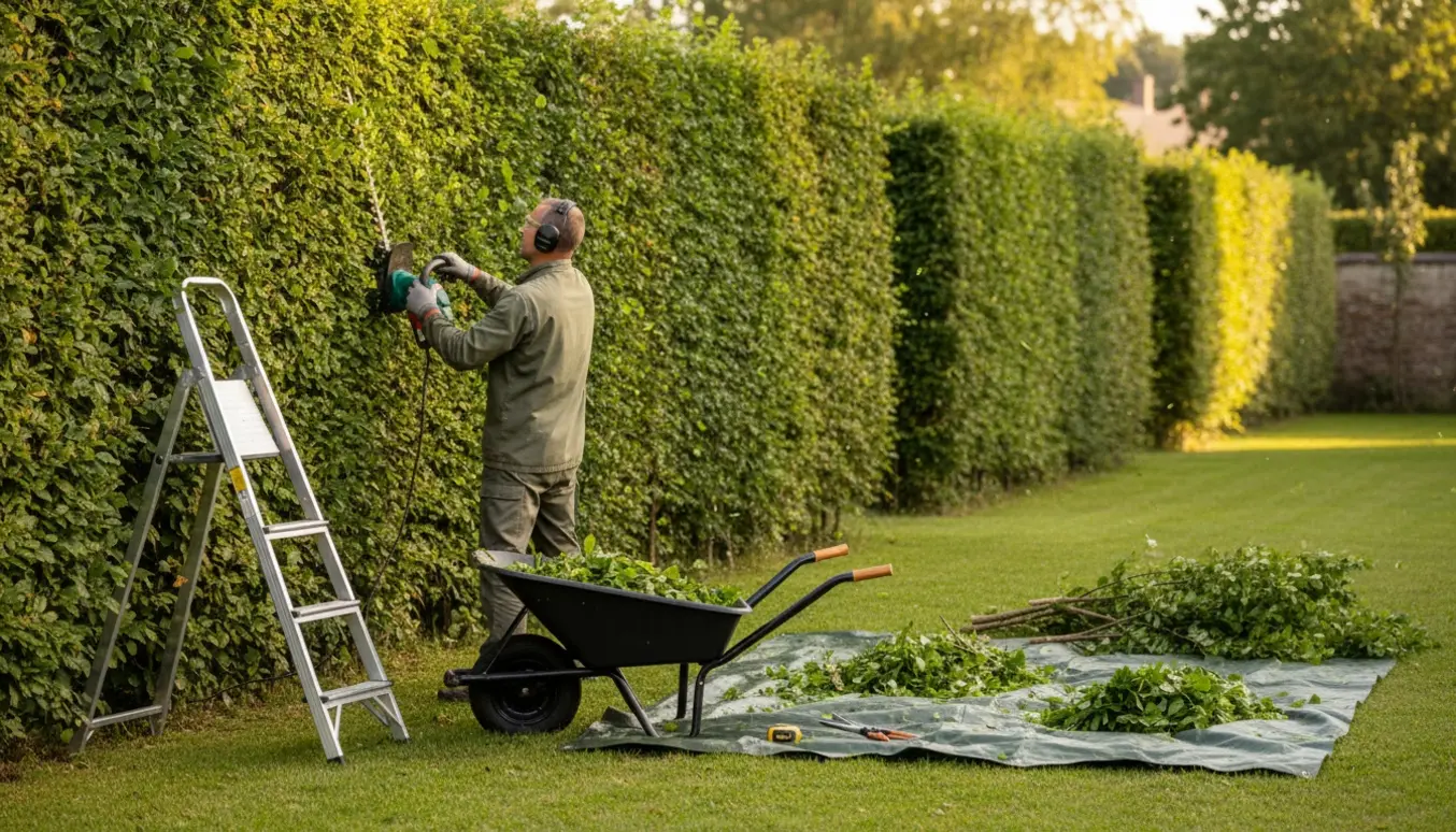 En håndværker trimmer en bøgehæk i sensommersol med hækkeklipper, trillebør og klippeaffald.