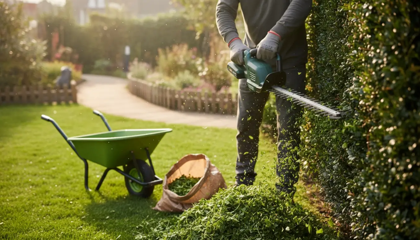 Person beskærer en tæt hæk i en lille have med en hækkeklipper og afklip på græsset.