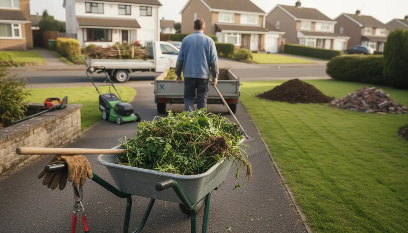 Trillebør fyldt med ukrudt og hækafklip i en villahave ved en trailer med jord og murbrokker klar til bortkørsel.