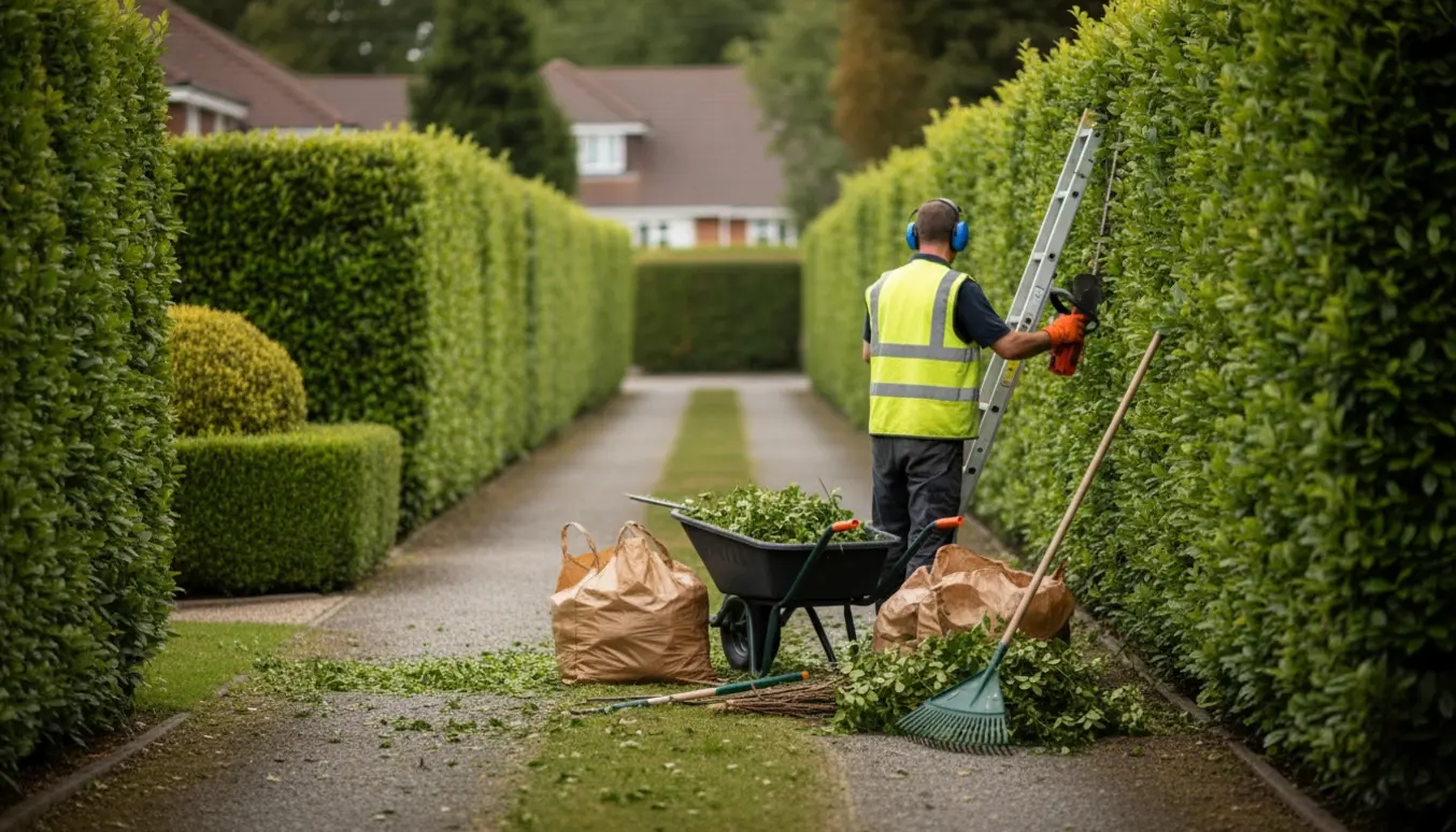 En gartner trimmer en lang ligusterhæk ved en indkørsel, med afklip i trillebør og poser klar til bortskaffelse.