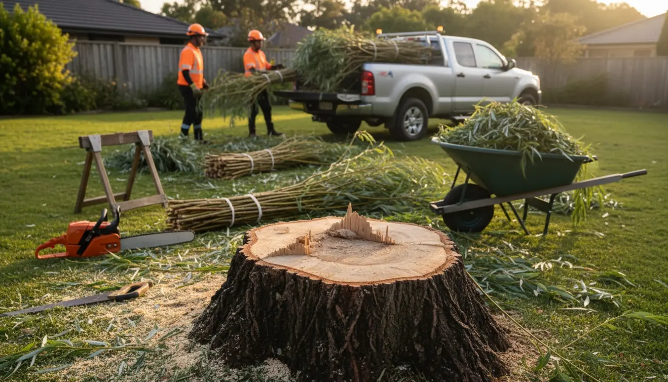 Fældet piletræ med stump, afskårne grene i trillebør og bundter klar til bortskaffelse.