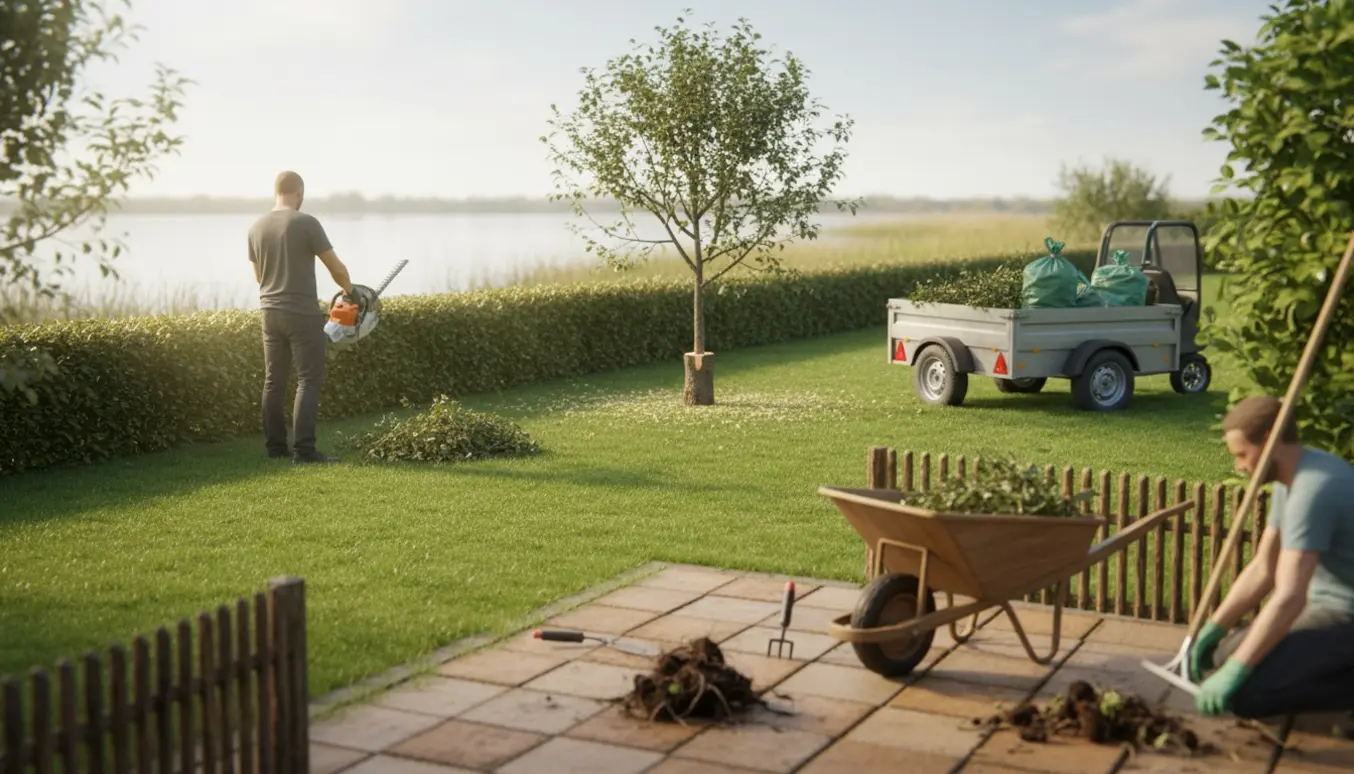 Havearbejde ved vandet med hæktrimning, fældet æbletræ og trailer fyldt med haveaffald.