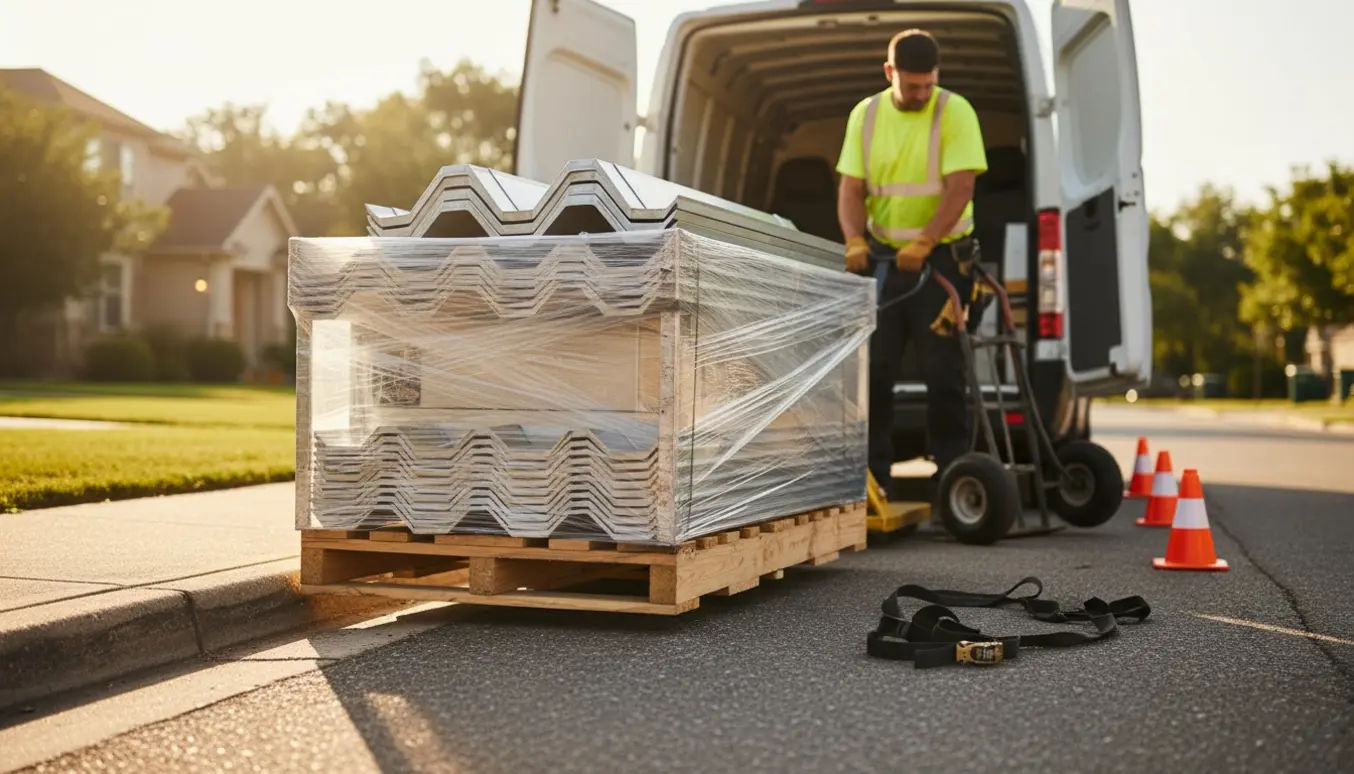 Indpakket palle med tagplader og rygninger ved fortovskanten klar til afhentning ved en varebil.