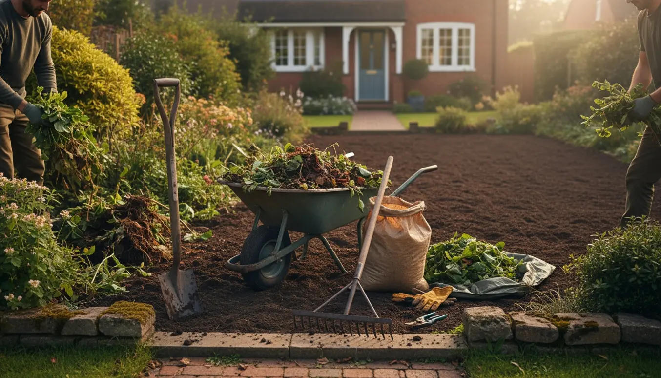 Rydning af beplantet forhave med værktøj og trillebør, klar til såning af græs.