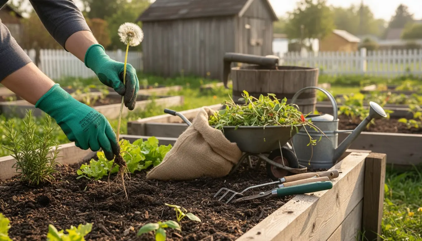 Hænder i handsker fjerner ukrudt fra højbede i en kolonihave ved morgendagslys.