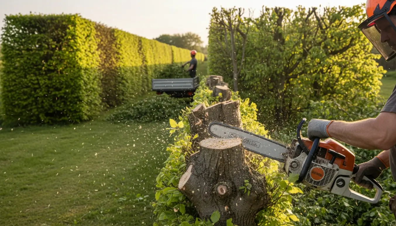 En kraftig motorsav klipper en gammel bøgehæk, mens afklip samles i en trailer.
