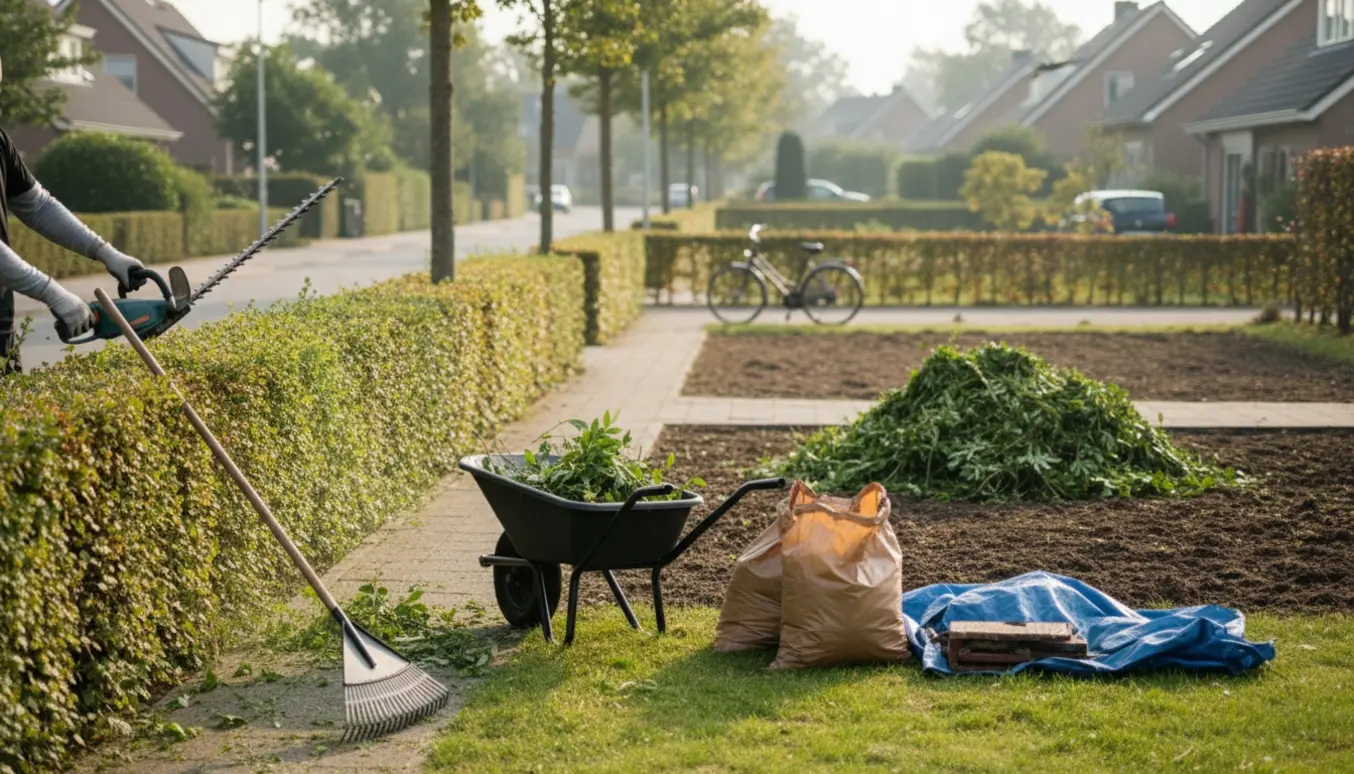 En person klipper ydersiden af en hæk langs en forstadsgade og rydder rabatten med trillebør og rive.