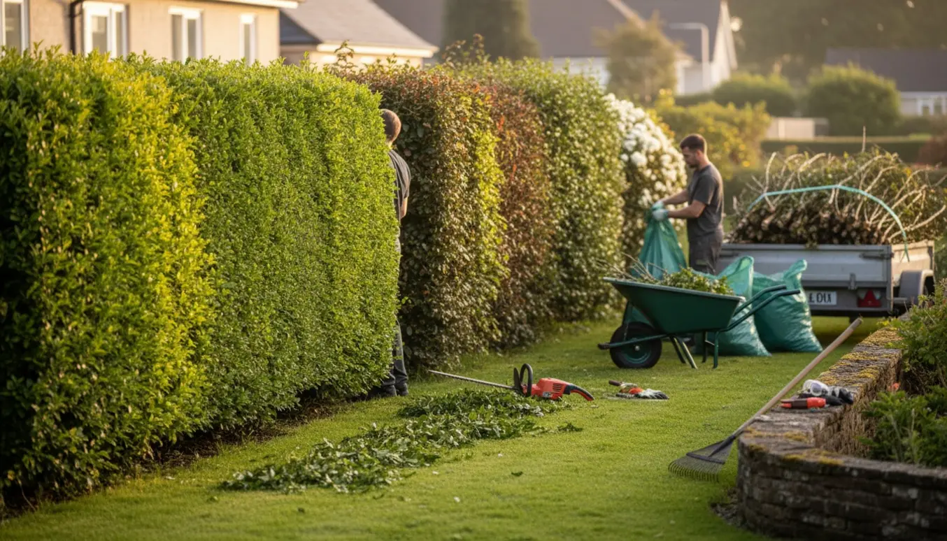 Fagperson trimmer hække og samler afklip i trillebør og affaldsposer i en velplejet have.