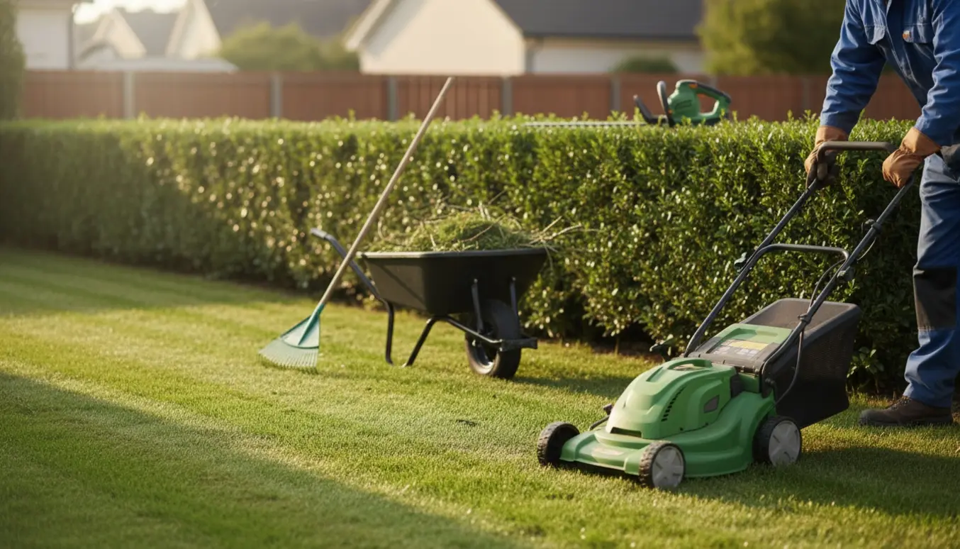 Nymalet lille græsplæne med stribede klipninger og en nyklippet 1,5 m hæk, haveredskaber i forgrunden.