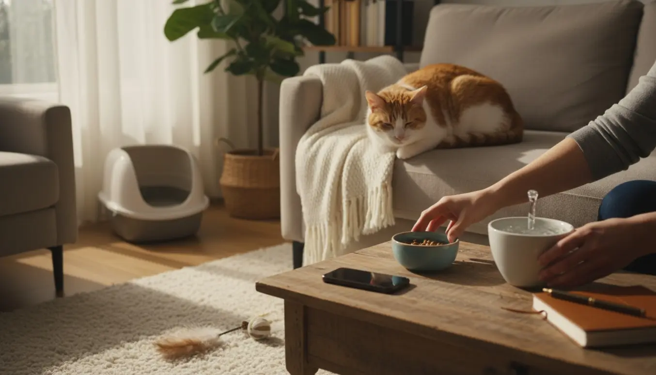 Hænder placerer en madskål ved en kat liggende på en blød sofa i et hyggeligt hjem.