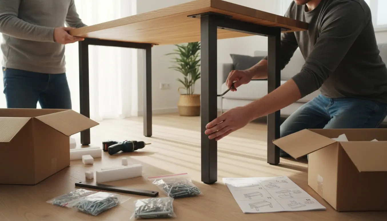 Hænder og værktøj samler et tungt træbord fra en fladpakket kasse i et lyst rum.