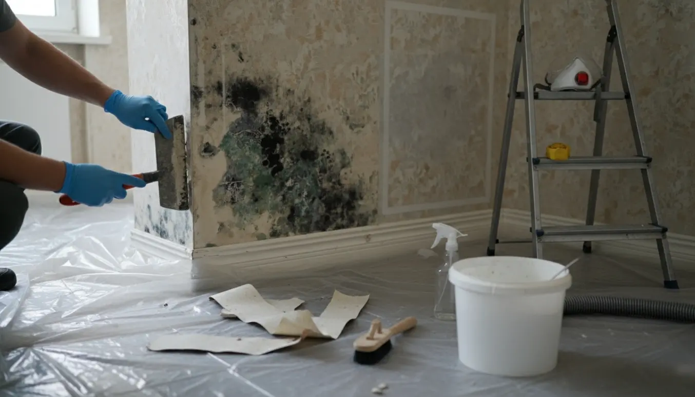 Hænder i handsker skraber skimmelsvamp af en væg i en tom lejlighedskrog med afdækningsplast og værktøj omkring.
