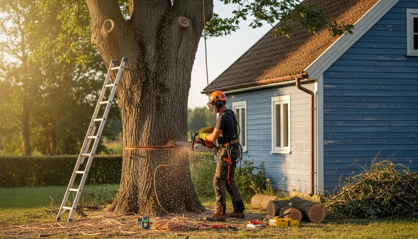 En beskæringsarbejder uden synligt ansigt saver et højt træ tæt på et lille hus med saveflis og kappede grene på jorden.