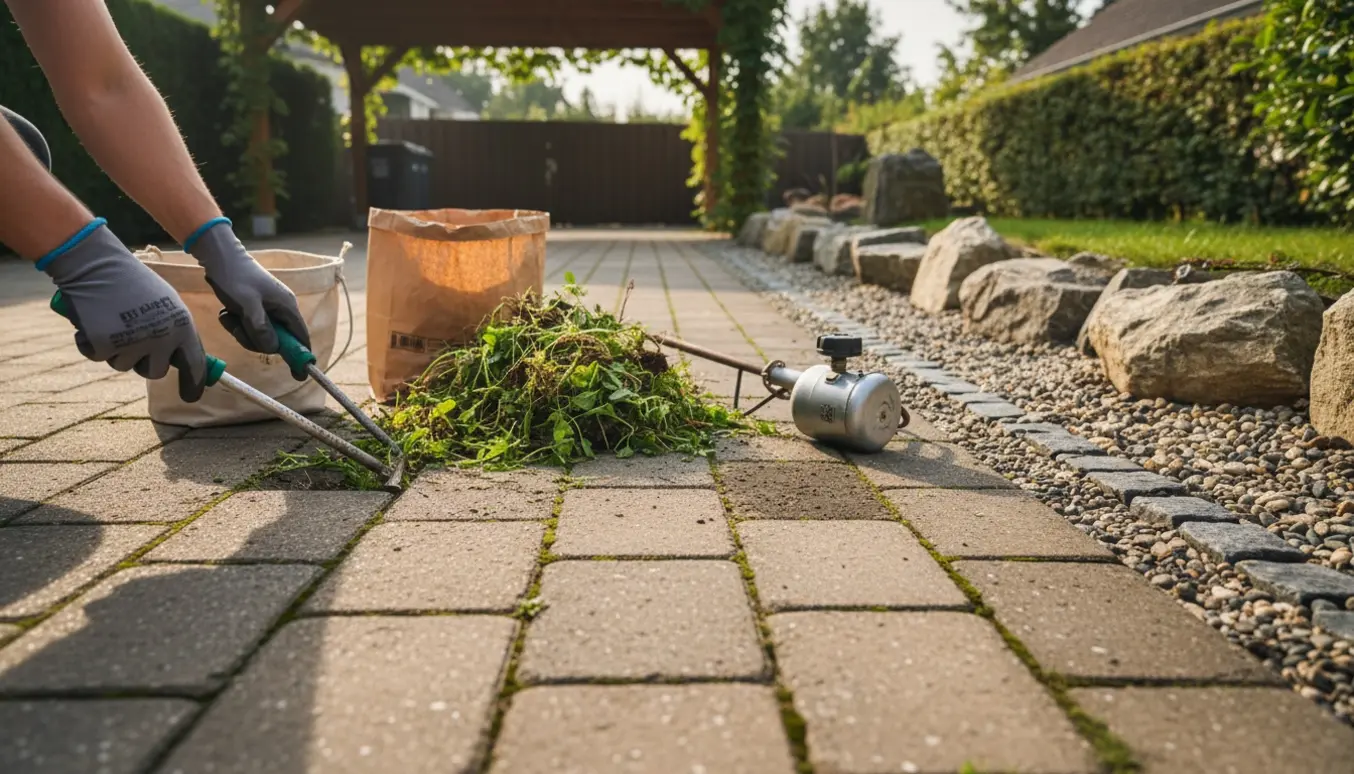 Rensning af ukrudt mellem fliser og i et stenbed langs en indkørsel med handværktøj og en lille brænder i baggrunden.