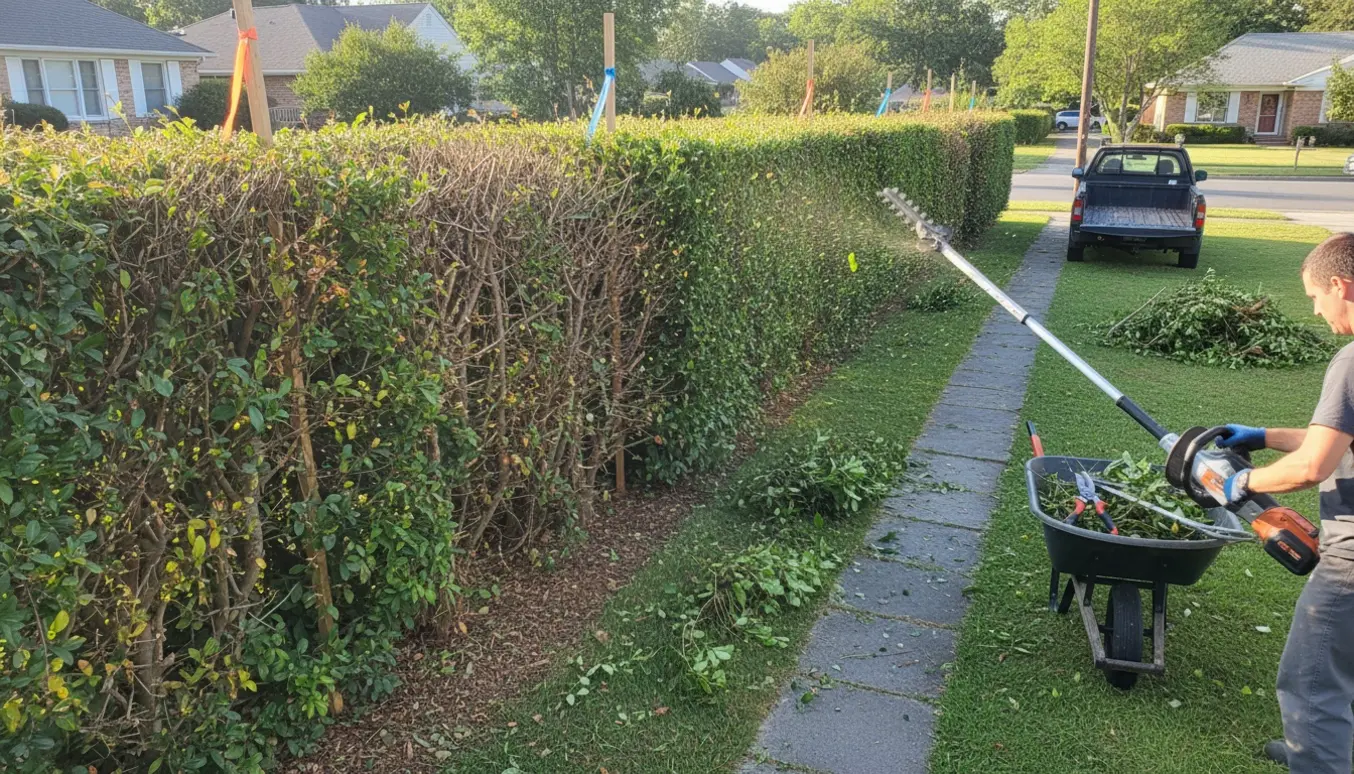 Lang hæk klippes til en jævn top med bunker af afklippede grene og værktøj klar til afhentning.