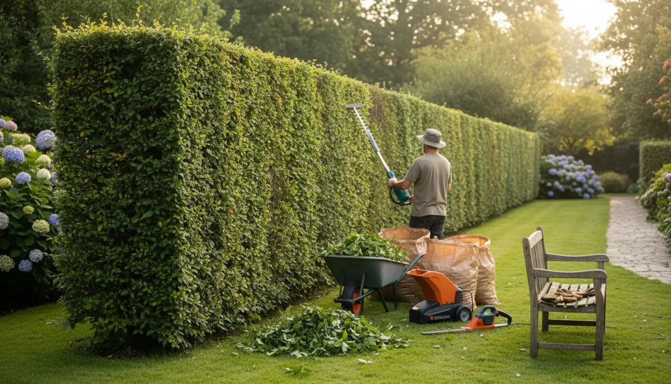 Professionel hækklipning af en lang privet- og tjørnehæk med nyklippede toppe, opsamlet affald og værktøj.