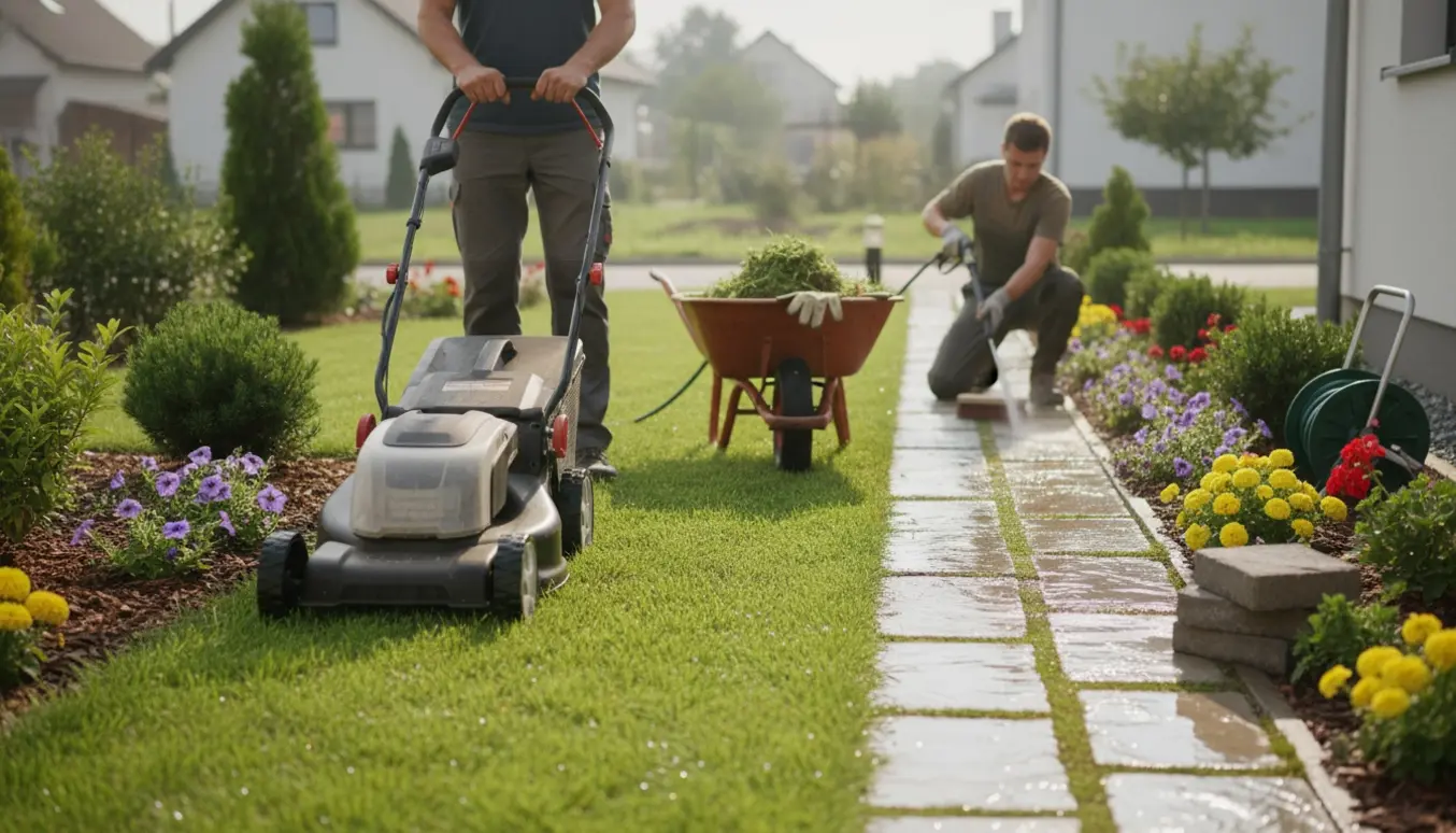 Ryggen af en gartner ved en plæneklipper og en anden renser fliser for ukrudt i en lille forhave.