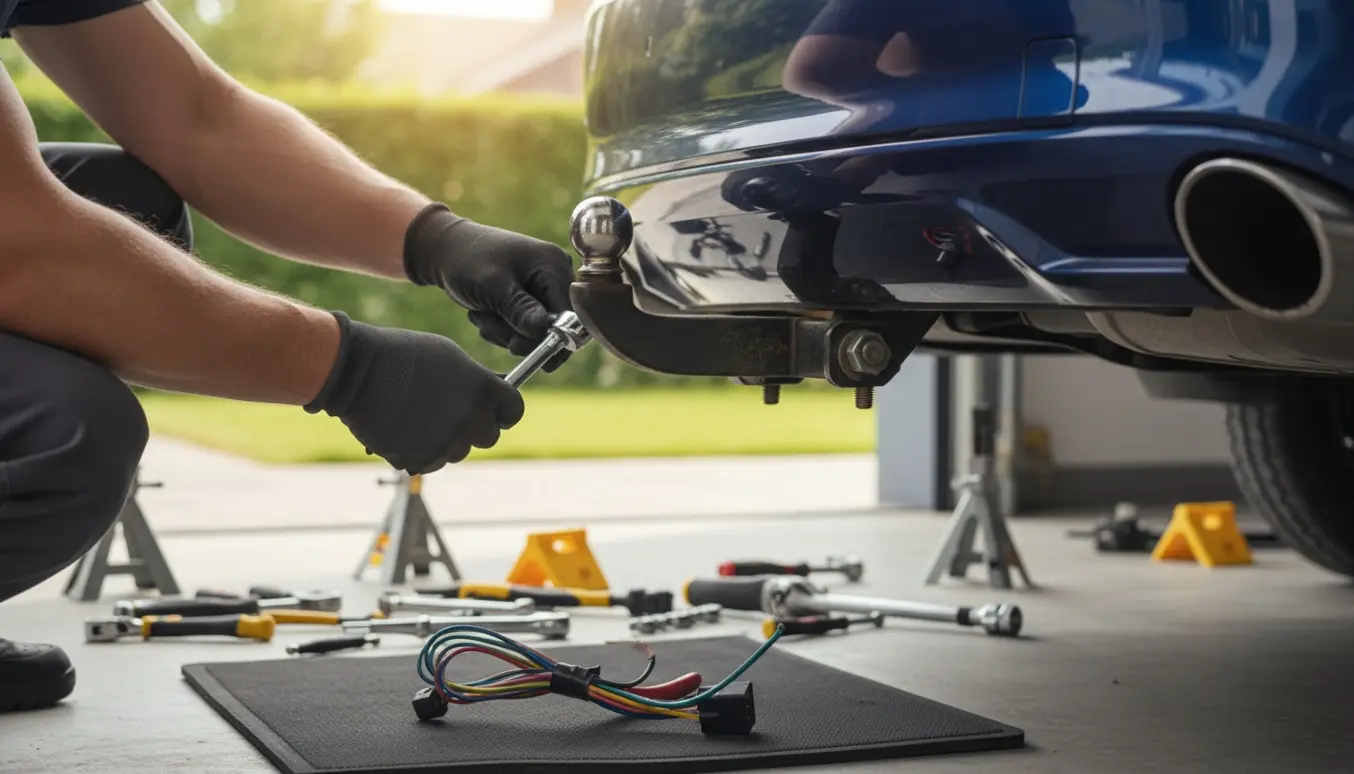 Nærbillede af hænder, der fjerner et aftageligt hængertræk fra en bil med værktøj i en garage.