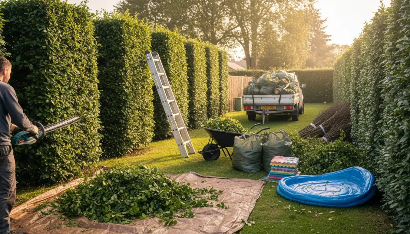 Glovede hænder trimmer høje kirsebærlauerbær med bunker af haveaffald og en trailer fyldt i baggrunden.