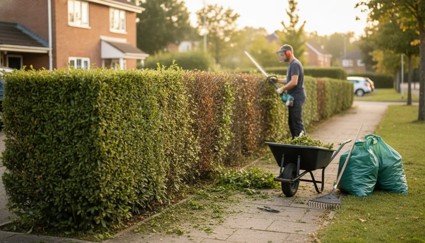 En hjørnegrund med en cirka 2 m høj hæk, hvor en person klipper hækken og samler afklip i en trillebør.
