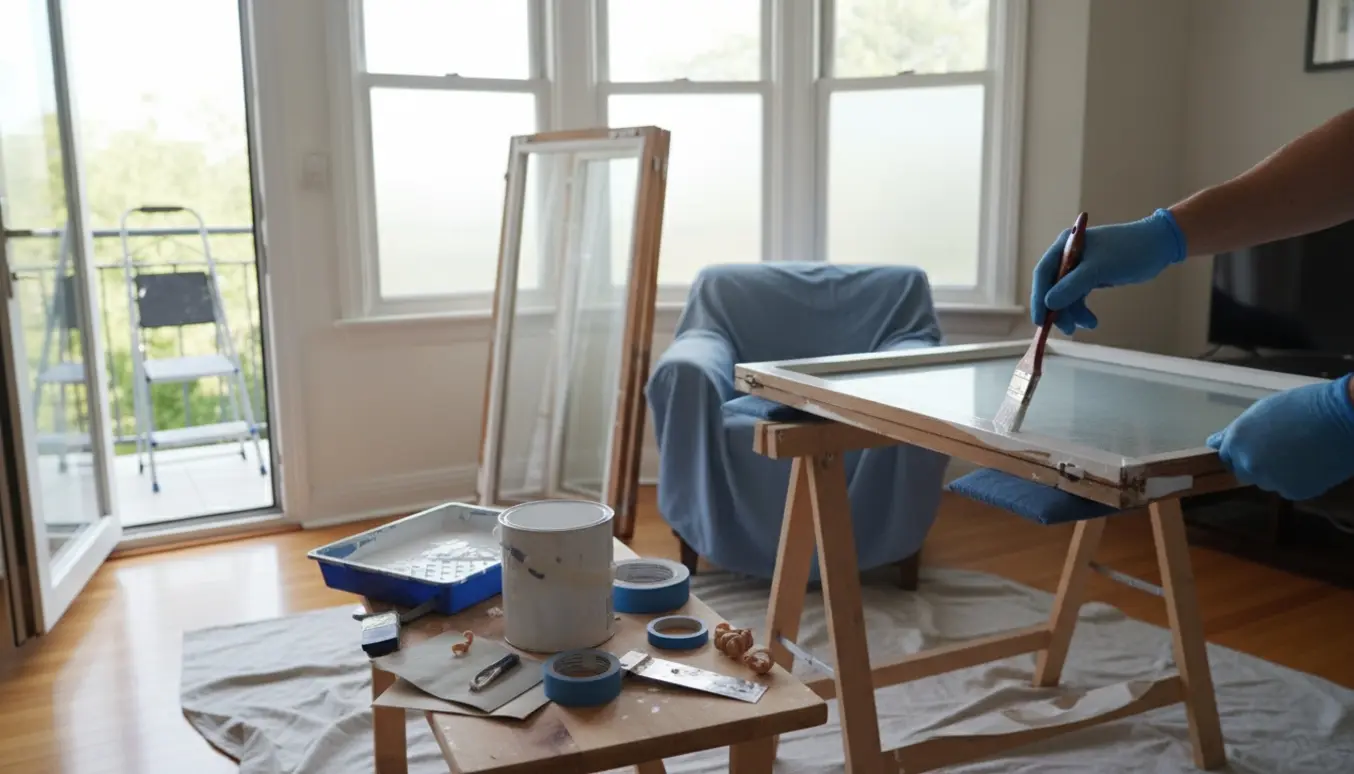 Indvendige vinduesrammer adskilt og nyligt malet med værktøj og afdækning i et lyst rum.