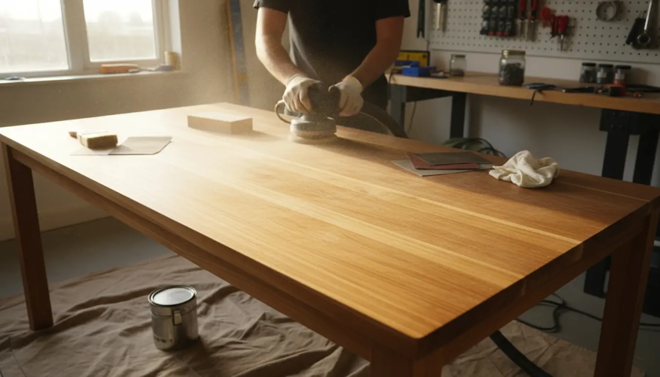 Nærbillede af et teak spisebord hvor den ene halvdel er slebet og afslører varm træstruktur, mens værktøj ligger klar i et lyst værksted.